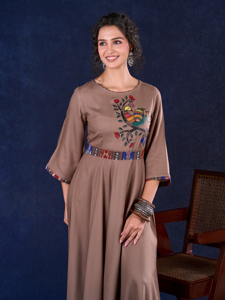 Statement Earthy Brown Rayon Bell-Sleeve Long Gown with Detachable Ikat Belt and Hand Painted Gond Art