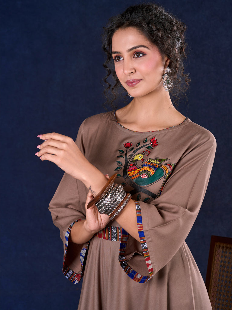 Statement Earthy Brown Rayon Bell-Sleeve Long Gown with Detachable Ikat Belt and Hand Painted Gond Art