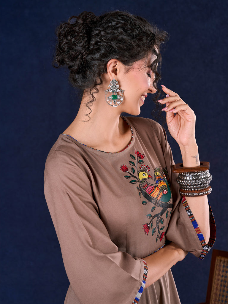 Statement Earthy Brown Rayon Bell-Sleeve Long Gown with Detachable Ikat Belt and Hand Painted Gond Art