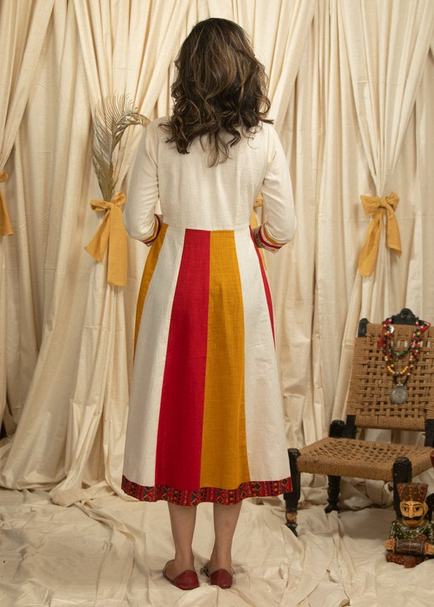 Exclusive multicolored cotton dress with mirror work on yoke