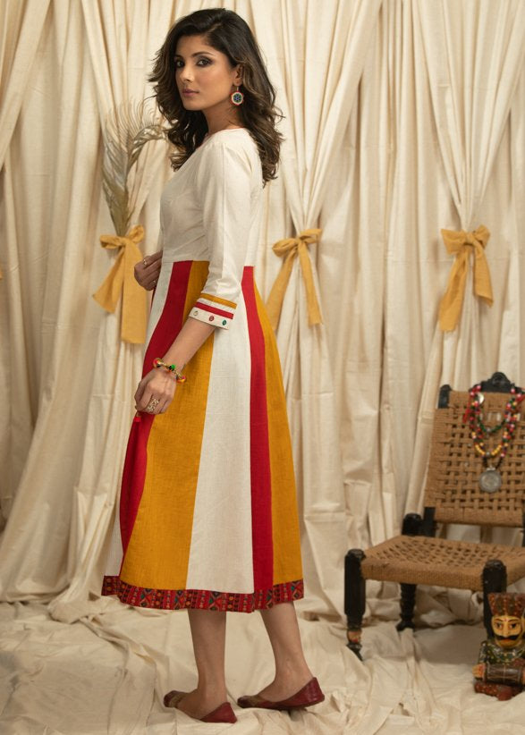 Exclusive multicolored cotton dress with mirror work on yoke