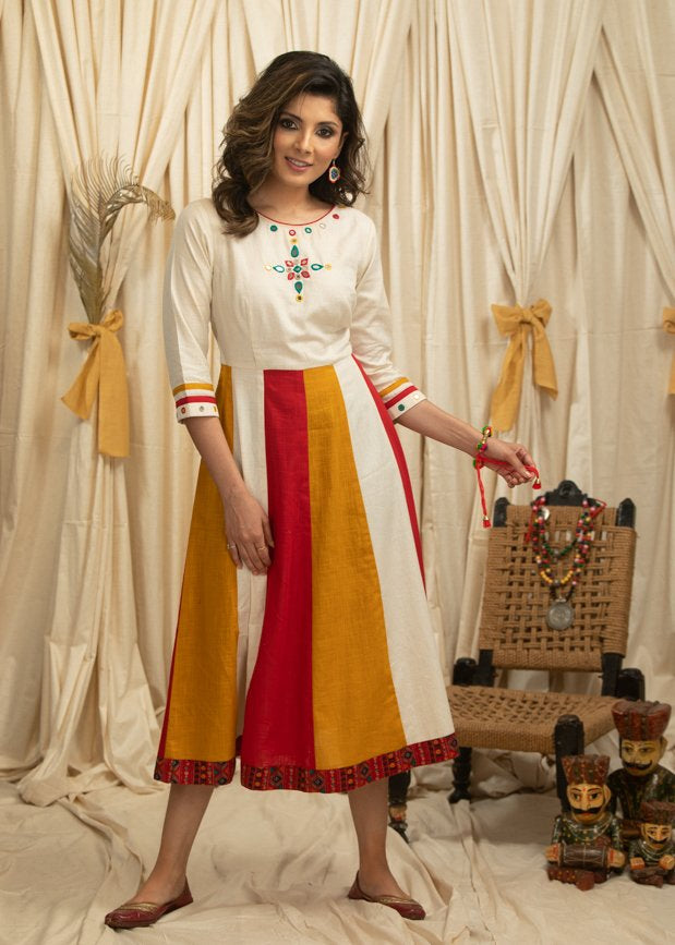 Exclusive multicolored cotton dress with mirror work on yoke