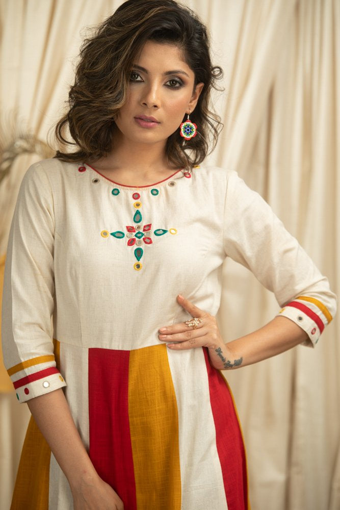 Exclusive multicolored cotton dress with mirror work on yoke