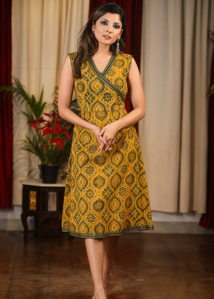 Exclusive overlapping mustard designer one piece Ajrakh dress