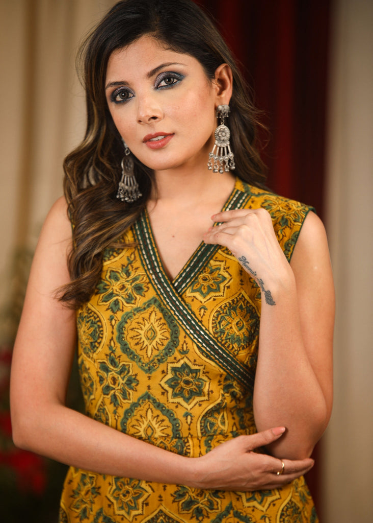 Exclusive overlapping mustard designer one piece Ajrakh dress