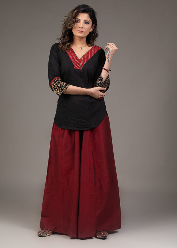 Hand embroidered zardozi maroon collar cotton silk top