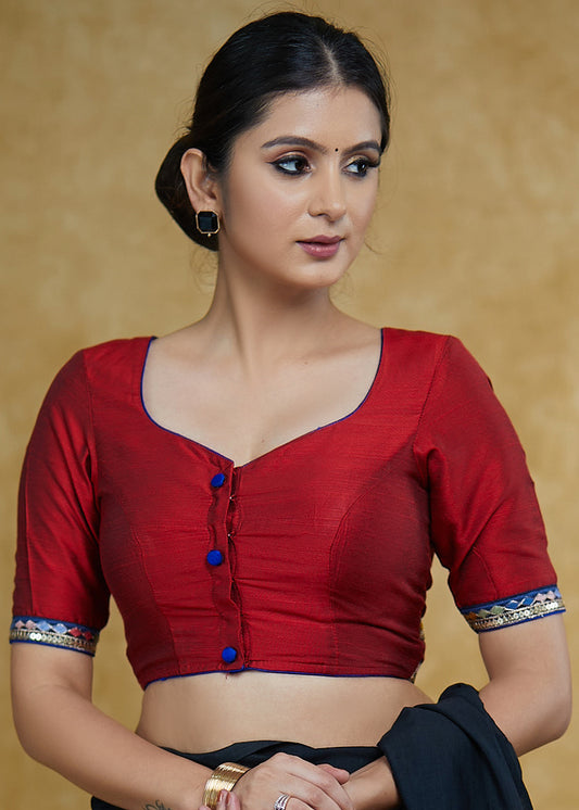 Classic Maroon Cotton Silk Blouse with Blue Lace Detailing and Blue Buttons