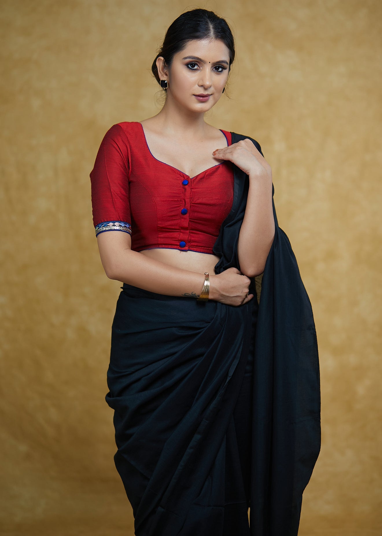 Classic Maroon Cotton Silk Blouse with Blue Lace Detailing and Blue Buttons