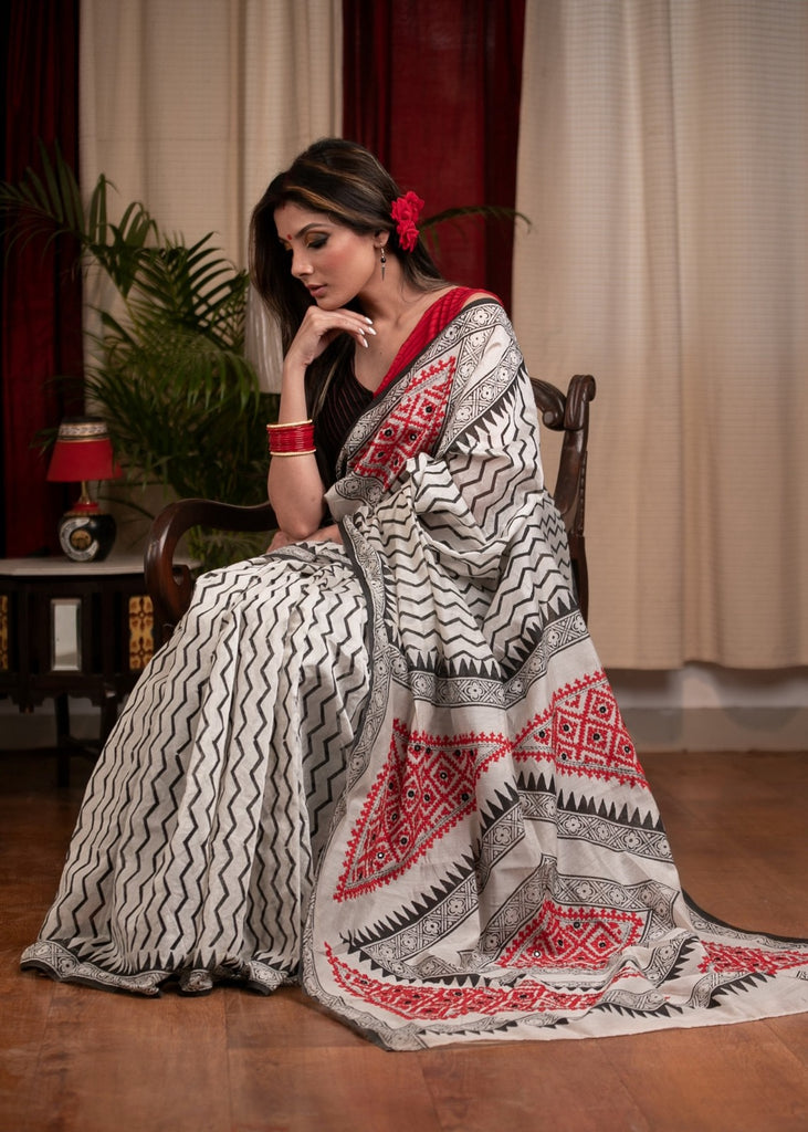 Exclusive block printed chanderi saree with hand embroidered Gujarati stitch pallu