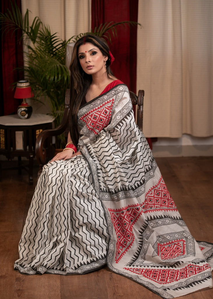 Exclusive block printed chanderi saree with hand embroidered Gujarati stitch pallu