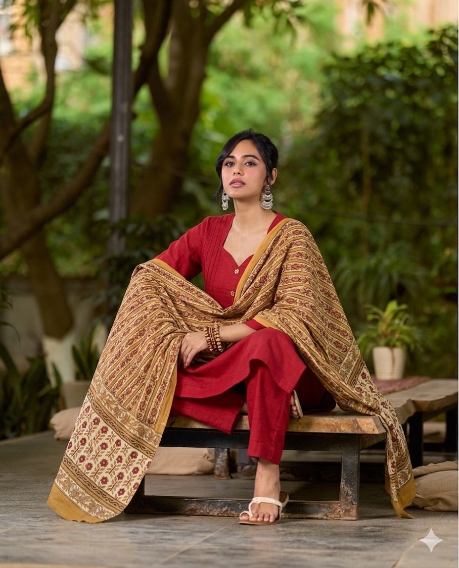 Radiant Red Cotton Kurta featuring Sweetheart Neckline & Pintucks Detailing