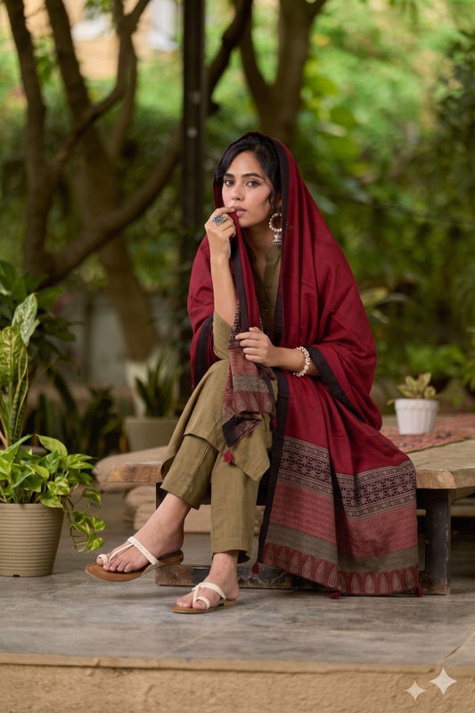 Artisanal Maroon Cotton Dupatta with Ajrakh Pallu