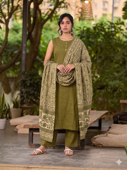 Classic Olive Green Mul Cotton Dupatta with Traditional Prints