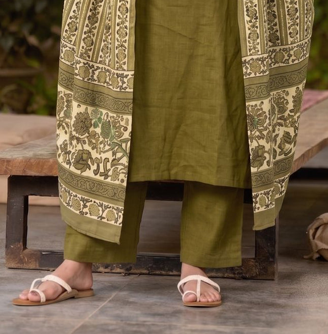Classic Olive Green Cotton Structured Straight Fit Pant