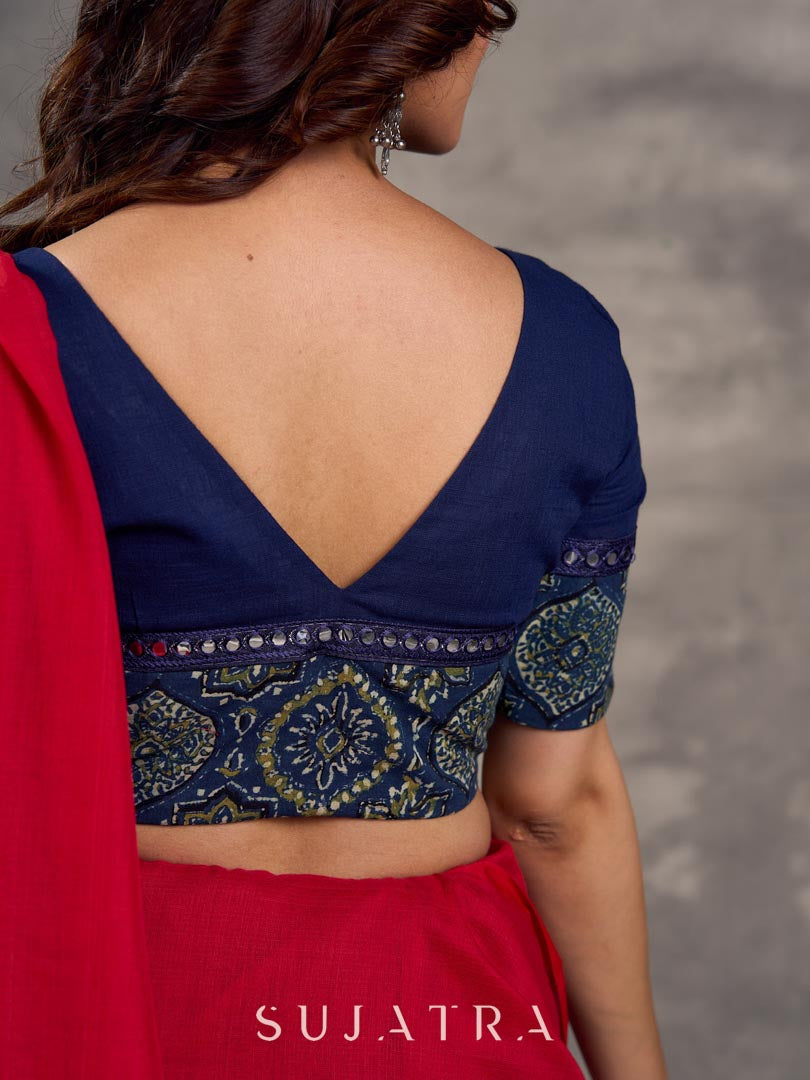 Navy Blue Cotton Blouse with Ajrakh Print Border & Mirror Embellishment