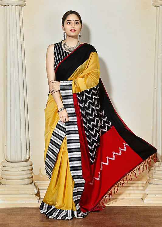 Yellow chanderi with ikat pallu & Ikat border