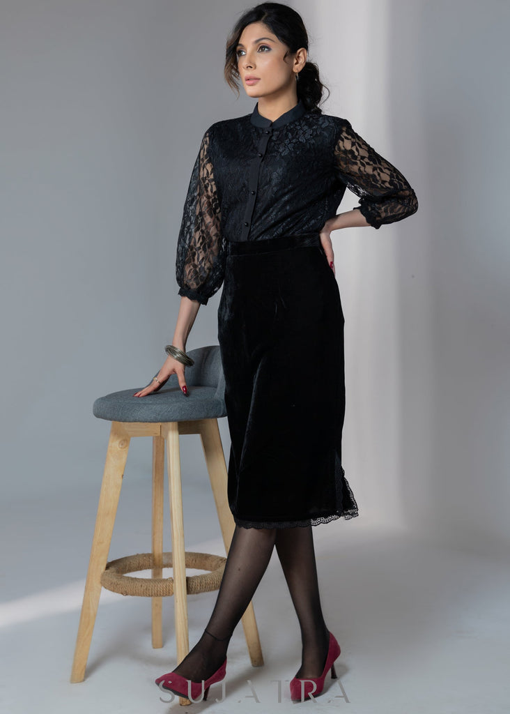 Exclusive evening wear black velvet skirt