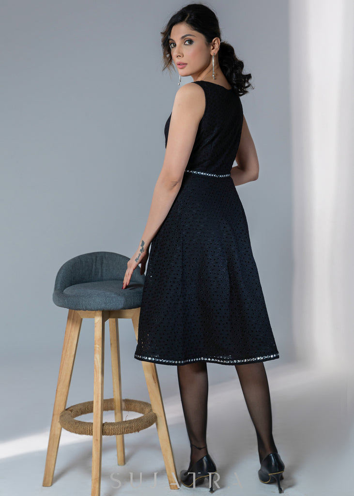 Casual black hakoba sleeveless dress with mirror work border on hem & waist