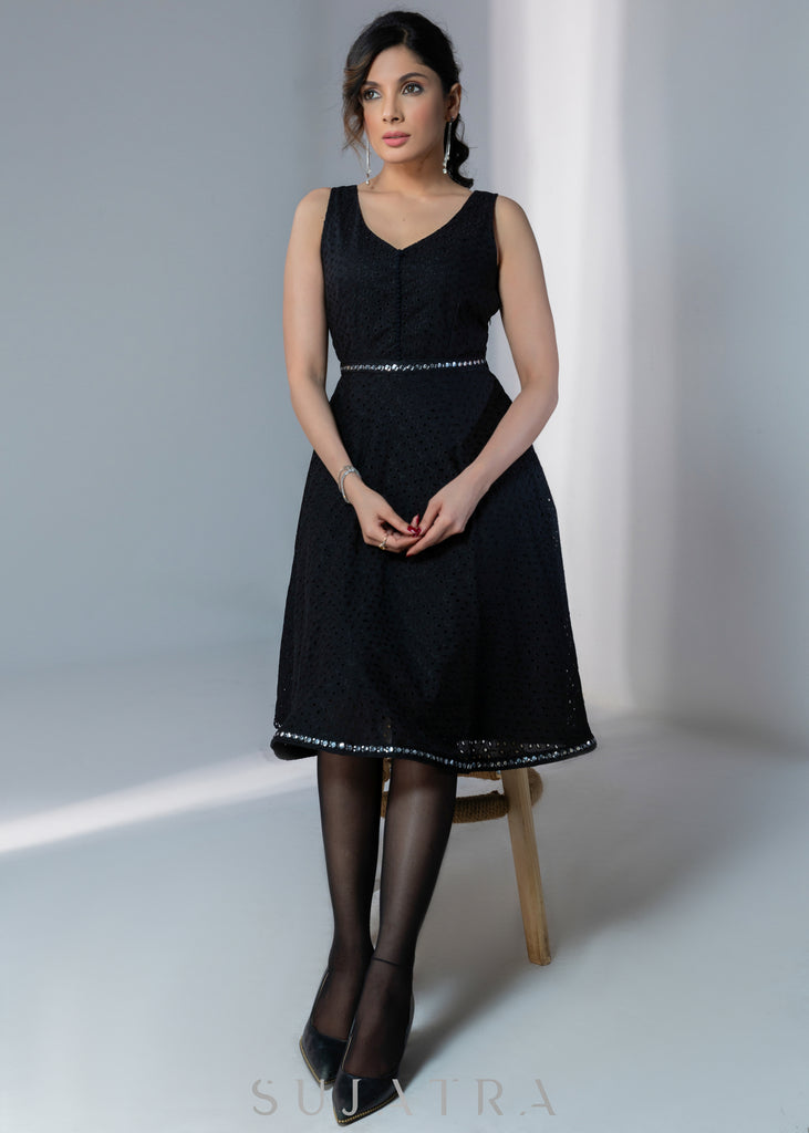 Casual black hakoba sleeveless dress with mirror work border on hem & waist