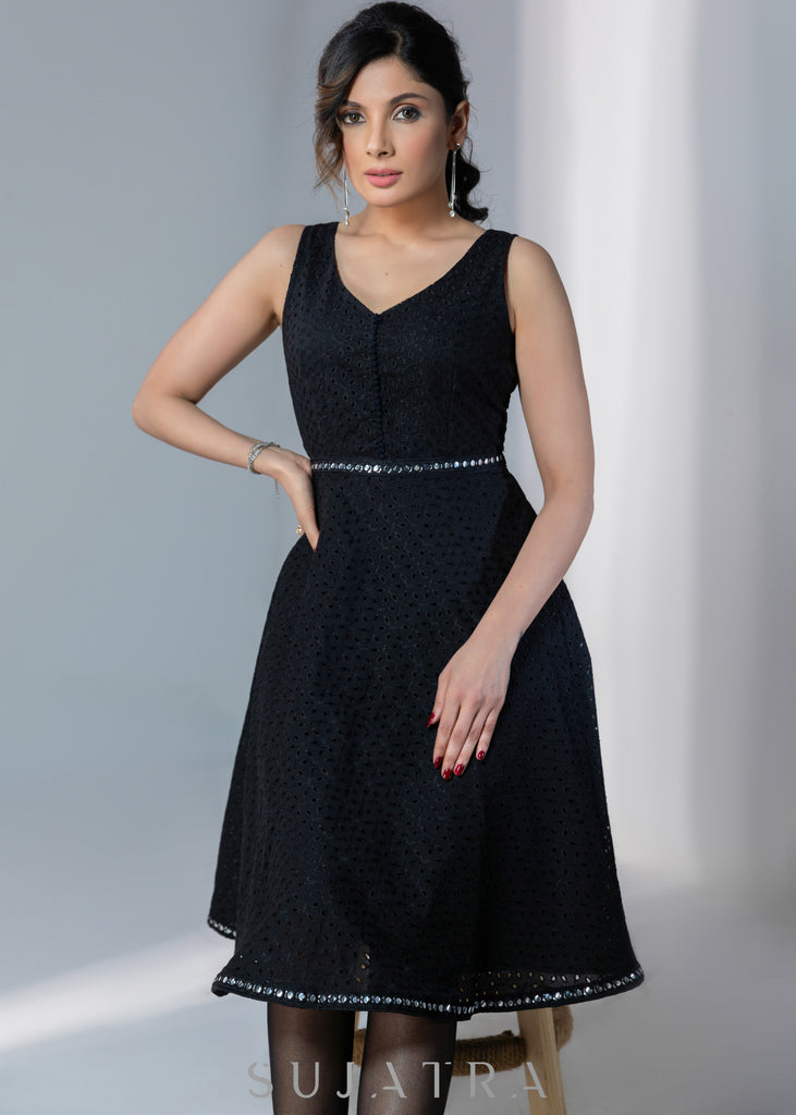 Casual black hakoba sleeveless dress with mirror work border on hem & waist