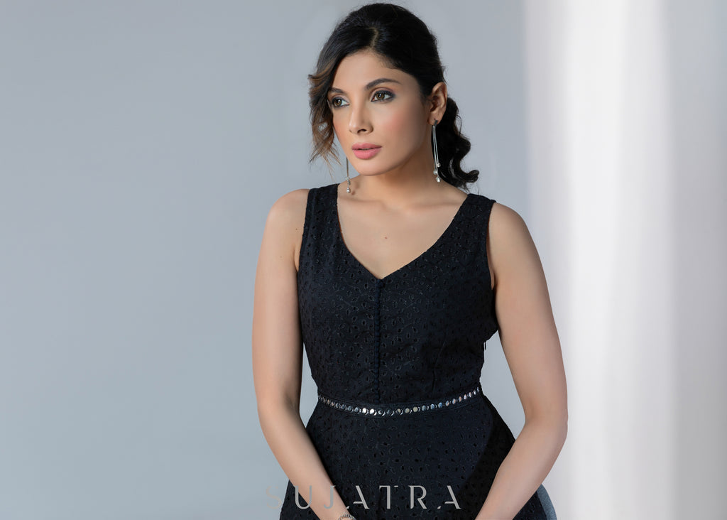 Casual black hakoba sleeveless dress with mirror work border on hem & waist