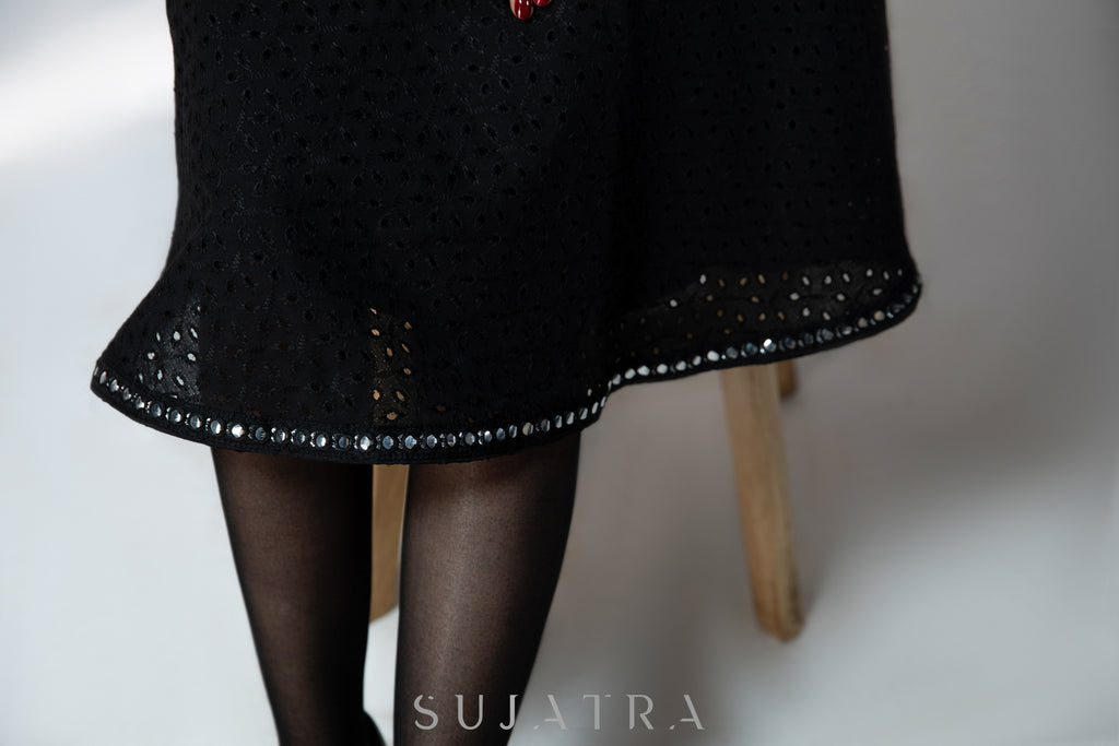 Casual black hakoba sleeveless dress with mirror work border on hem & waist