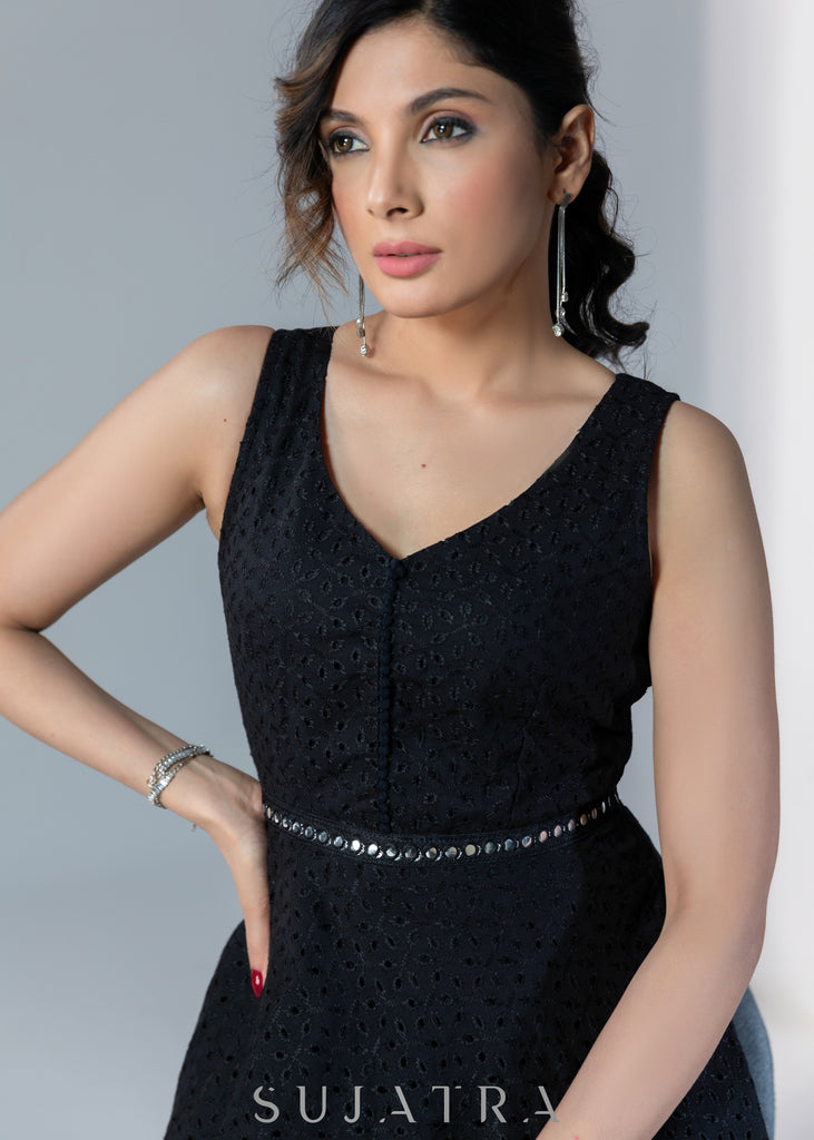 Casual black hakoba sleeveless dress with mirror work border on hem & waist