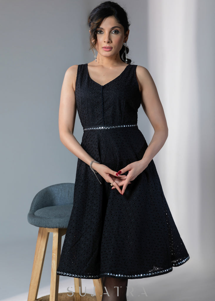 Casual black hakoba sleeveless dress with mirror work border on hem & waist