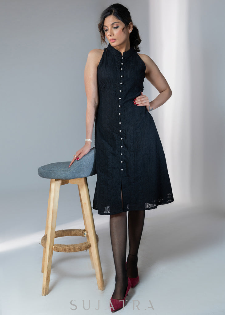 Smart Black embroidered halter dress with pearl buttons