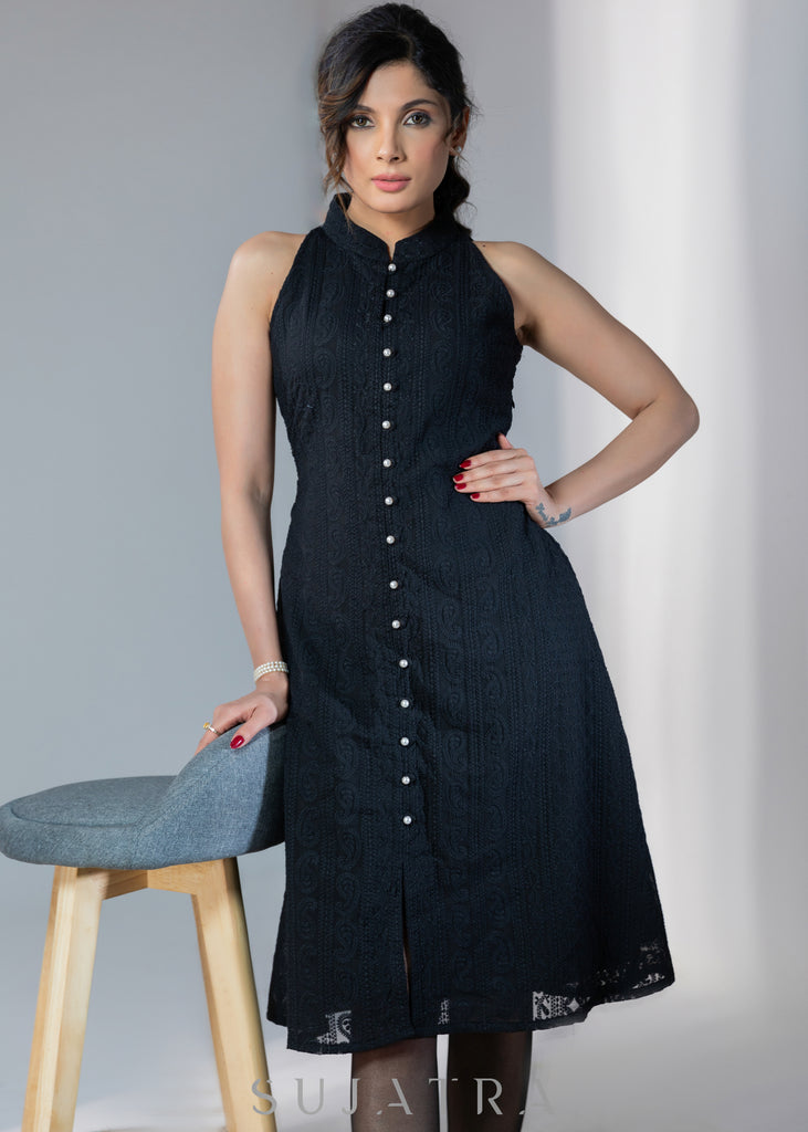 Smart Black embroidered halter dress with pearl buttons