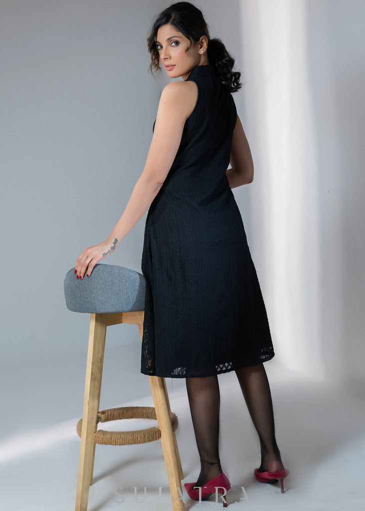 Smart Black embroidered halter dress with pearl buttons