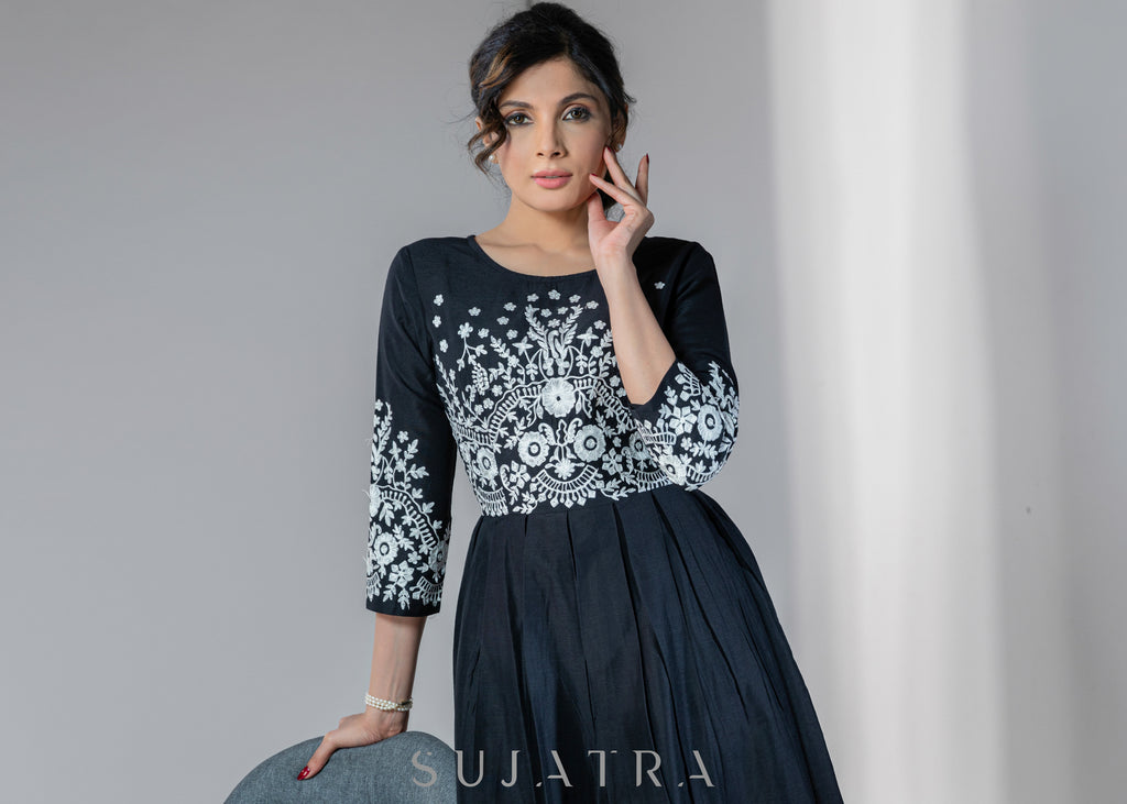 Stylish Black dress with off-white embroidery
