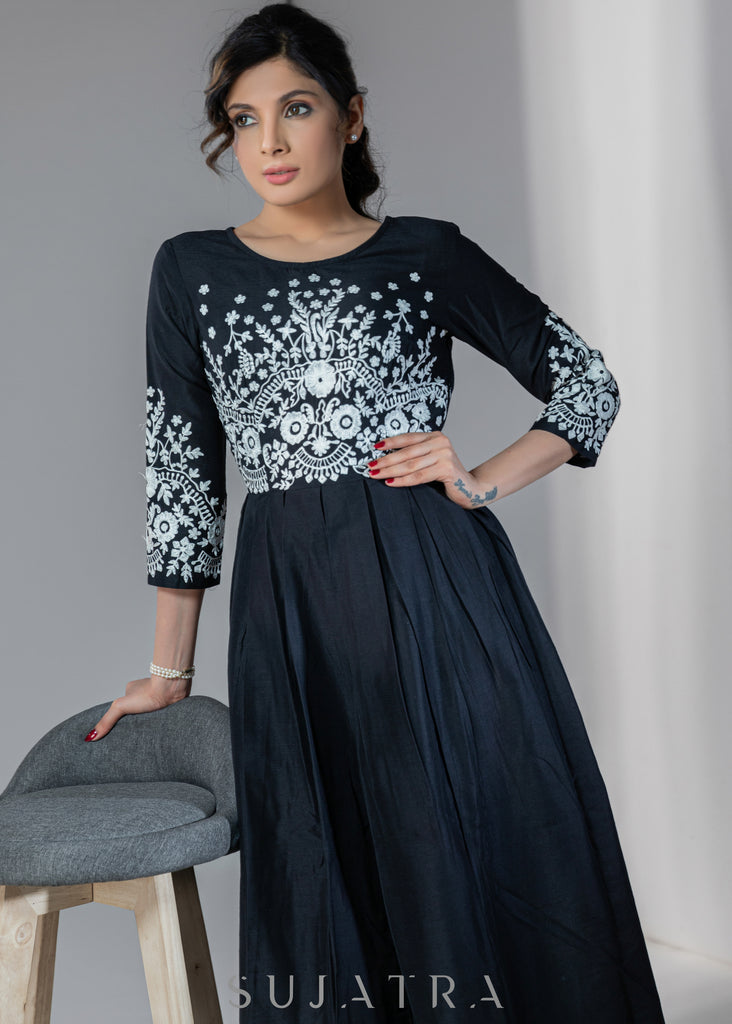 Stylish Black dress with off-white embroidery