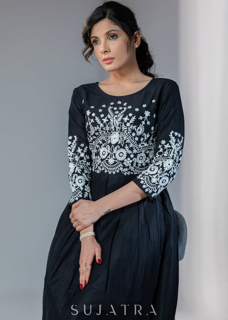 Stylish Black dress with off-white embroidery
