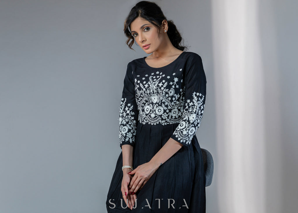 Stylish Black dress with off-white embroidery
