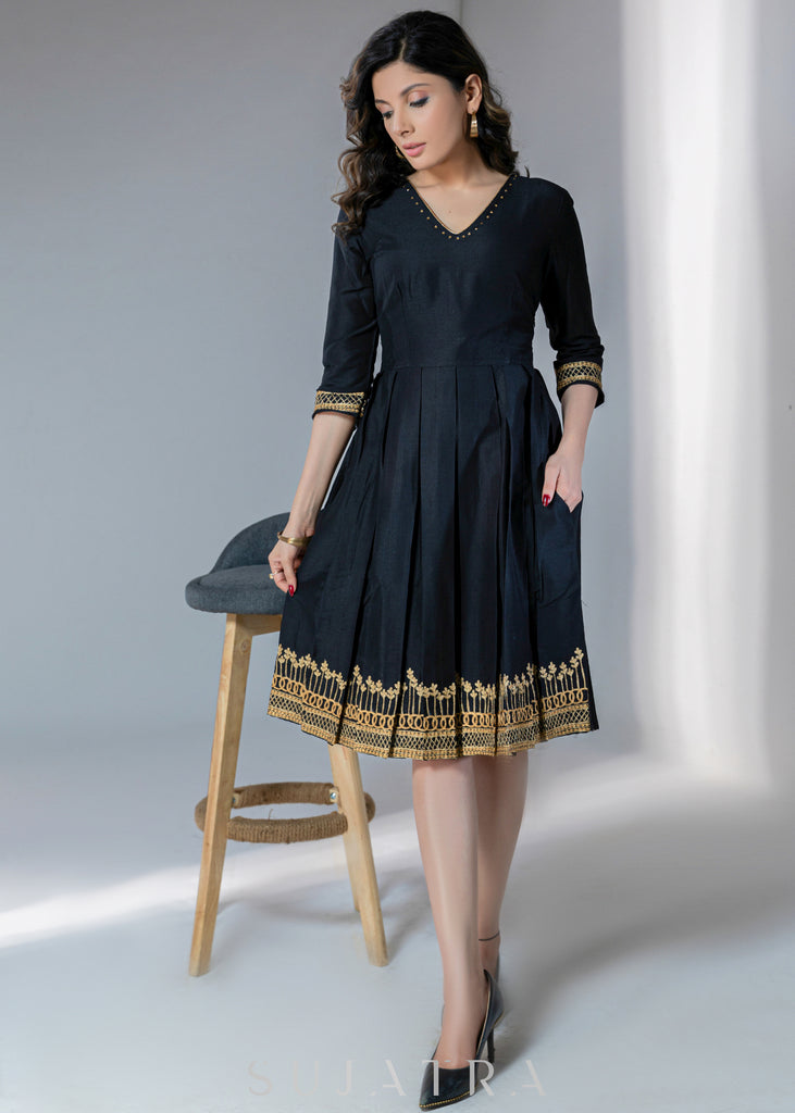Black Cotton silk dress with gold embroidery on hem & sleeves