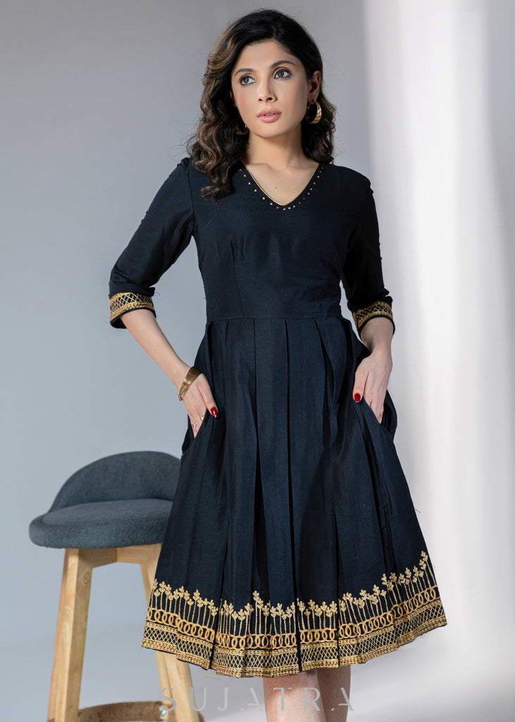 Black Cotton silk dress with gold embroidery on hem & sleeves