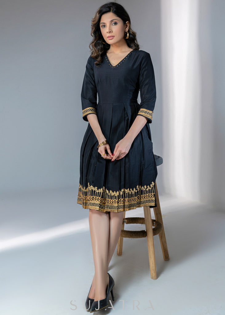Black Cotton silk dress with gold embroidery on hem & sleeves
