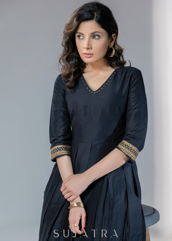 Black Cotton silk dress with gold embroidery on hem & sleeves