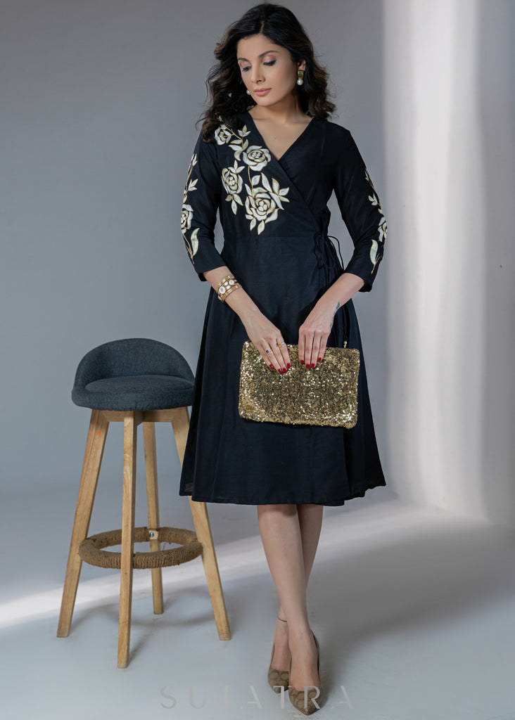 Beautiful cotton silk dress with golden floral embroidery