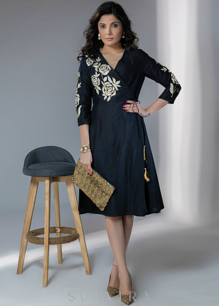 Beautiful cotton silk dress with golden floral embroidery