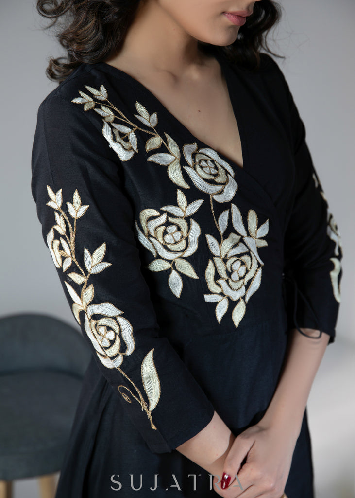 Beautiful cotton silk dress with golden floral embroidery