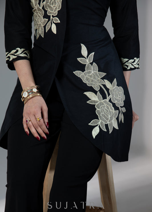 Exclusive black cotton silk dress with golden floral patchwork - Pant optional
