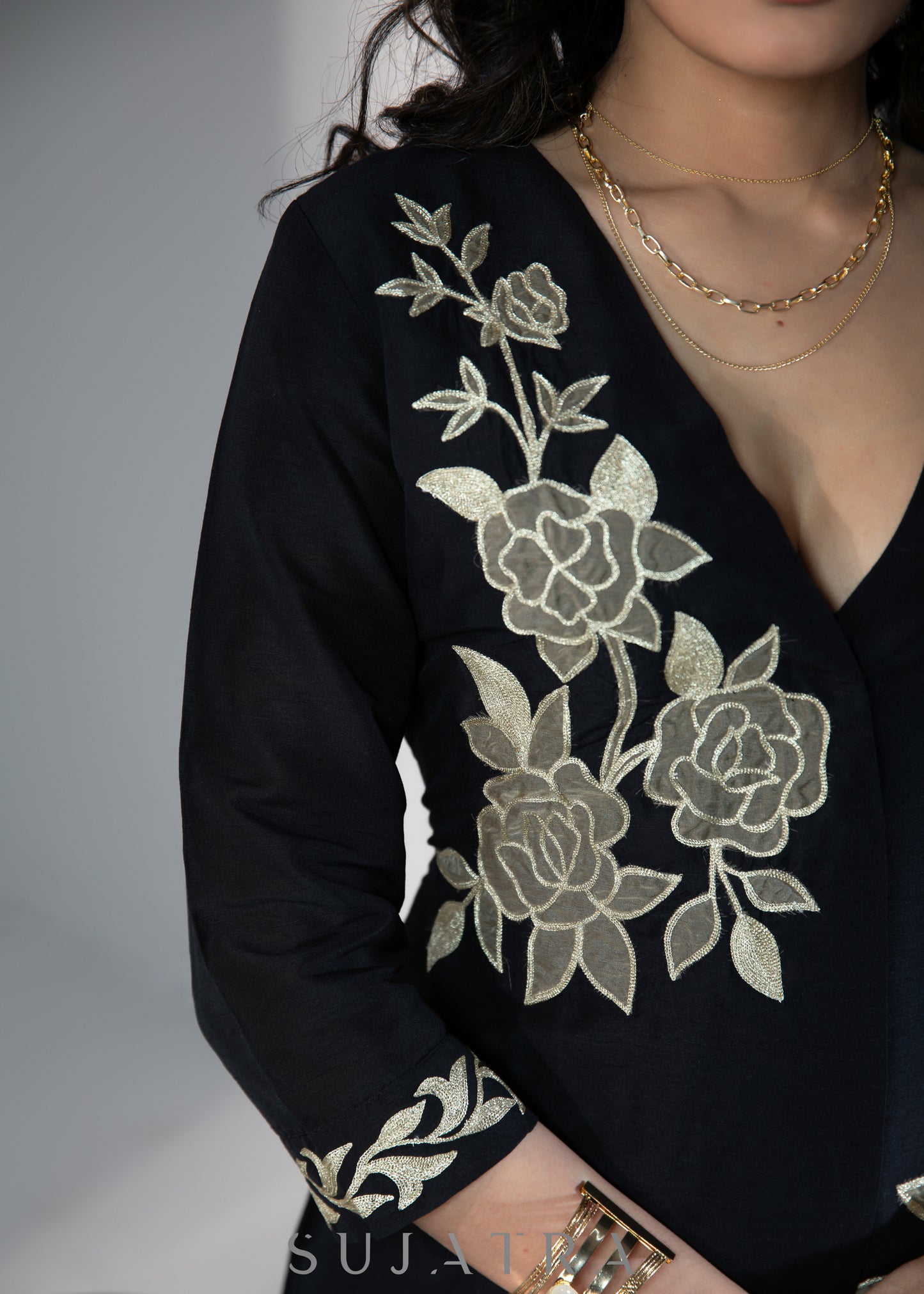 Exclusive black cotton silk dress with golden floral patchwork - Pant optional