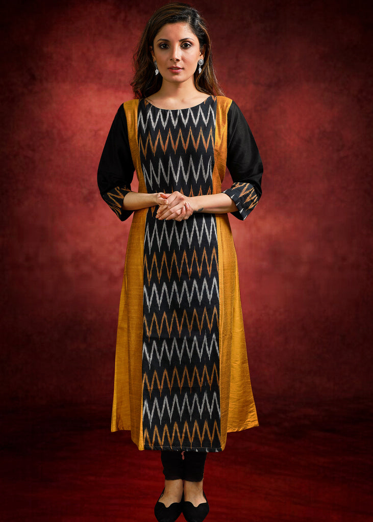 Mustard cotton silk & Ikat Combination Kurti