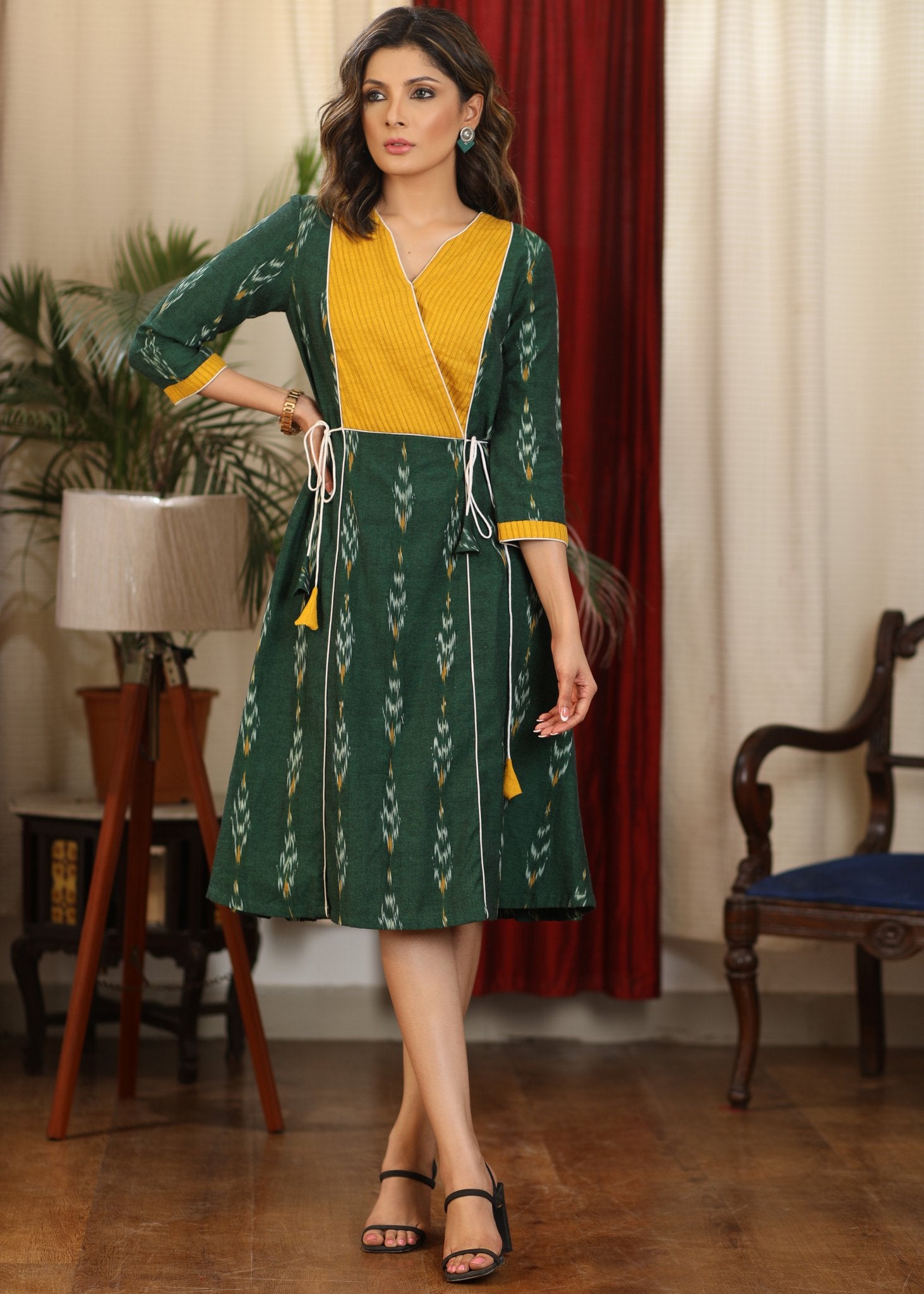 Bottle green ikat with mustard pintux yoke combination dress – Sujatra
