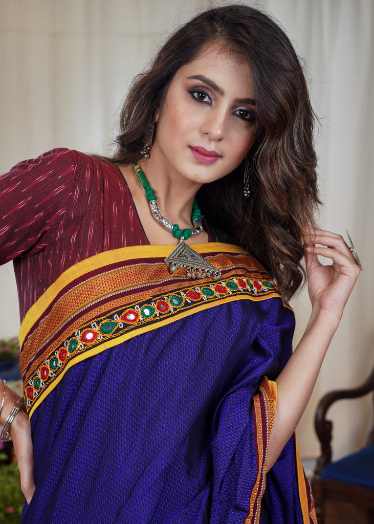 Beautiful Khun blue saree with Shibori pleats and Kutch border
