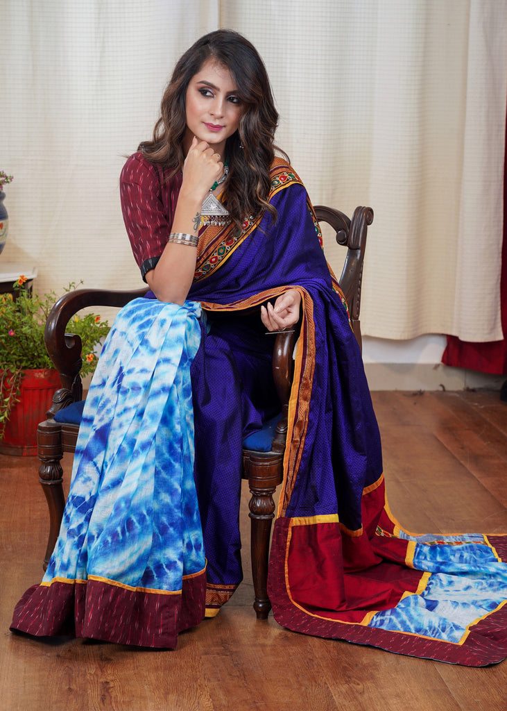 Beautiful Khun blue saree with Shibori pleats and Kutch border