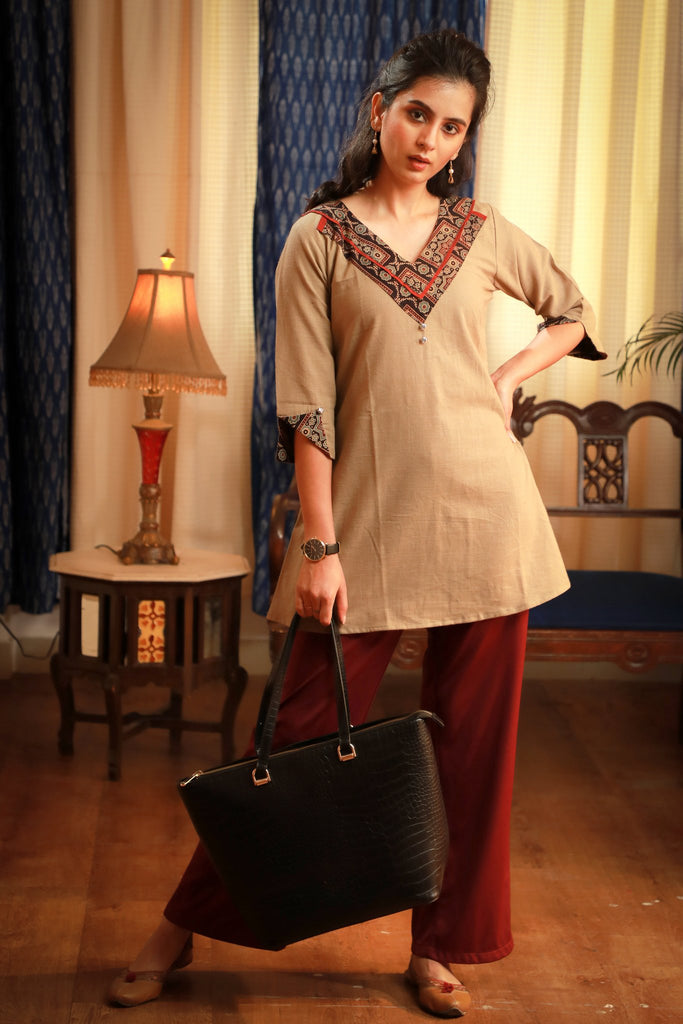 V-Neck Ajrakh block printed border beige pure cotton top - Indian / Western