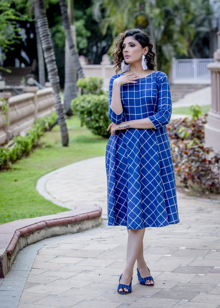 Navy blue handloom cotton checkered formal dress with front pocket